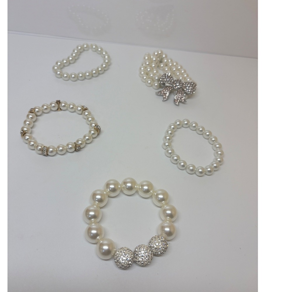 Faux Pearl Stretch Bracelet Lot 5pc Rhinestone Bow Disco Ball Spacers White